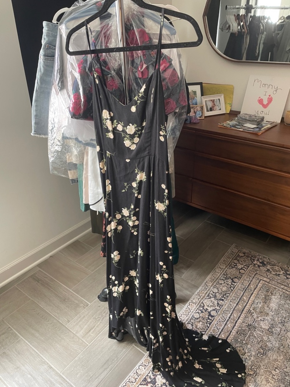 Reformation Black Slip Dress with Cream Floral Print